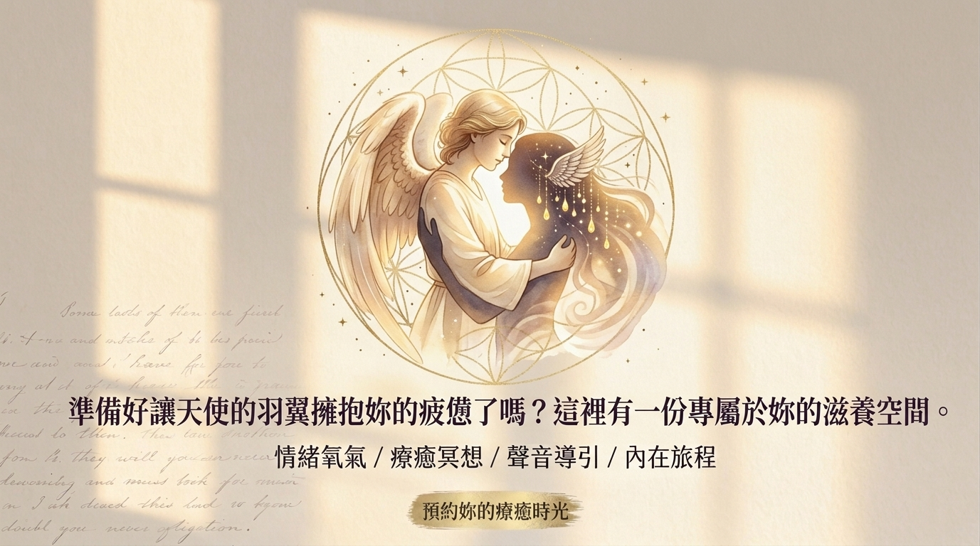 天使羽翼擁抱疲憊靈魂的柔和意象，背景有微光與神聖幾何圖形，象徵靈氣療癒與滋養。