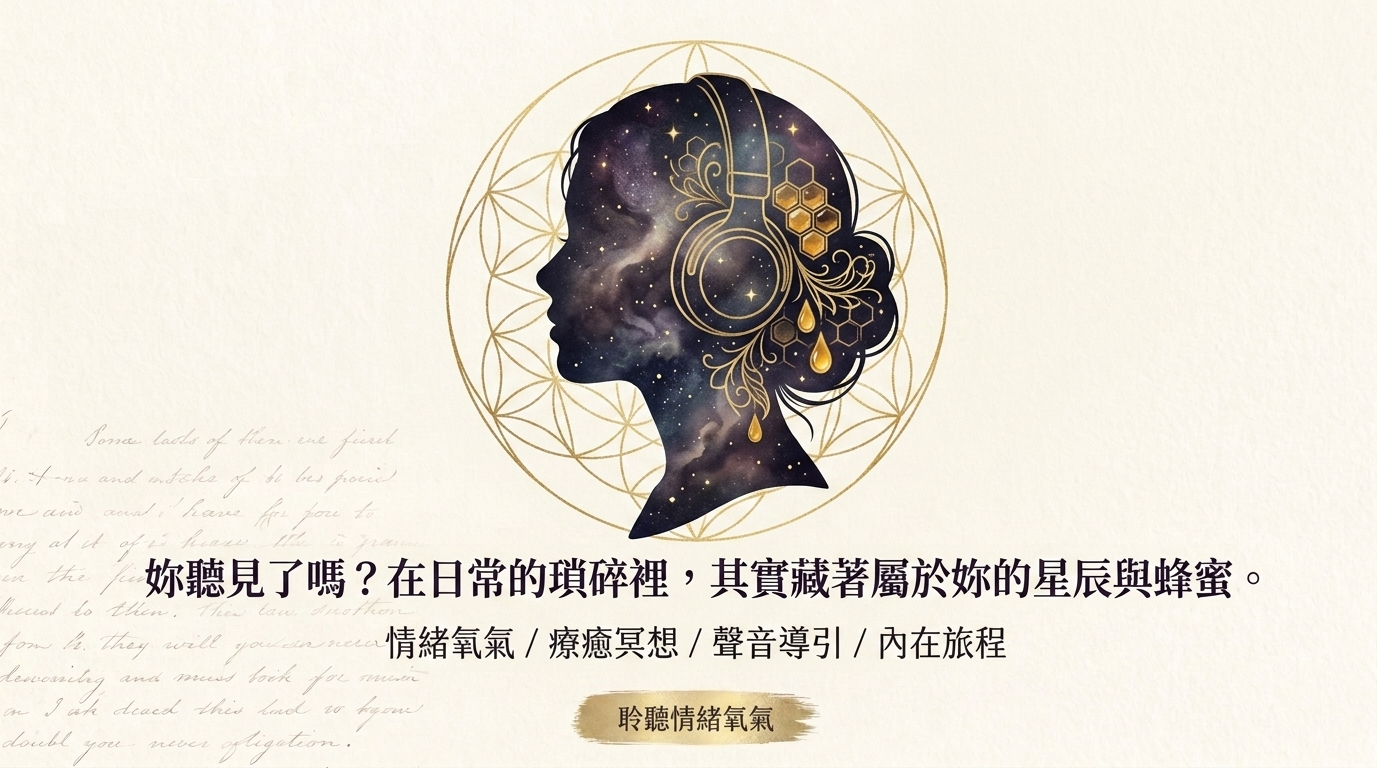 戴著耳機的側臉剪影，內部呈現星空與蜂蜜流動的意象，象徵聲音導引與內在旅程。